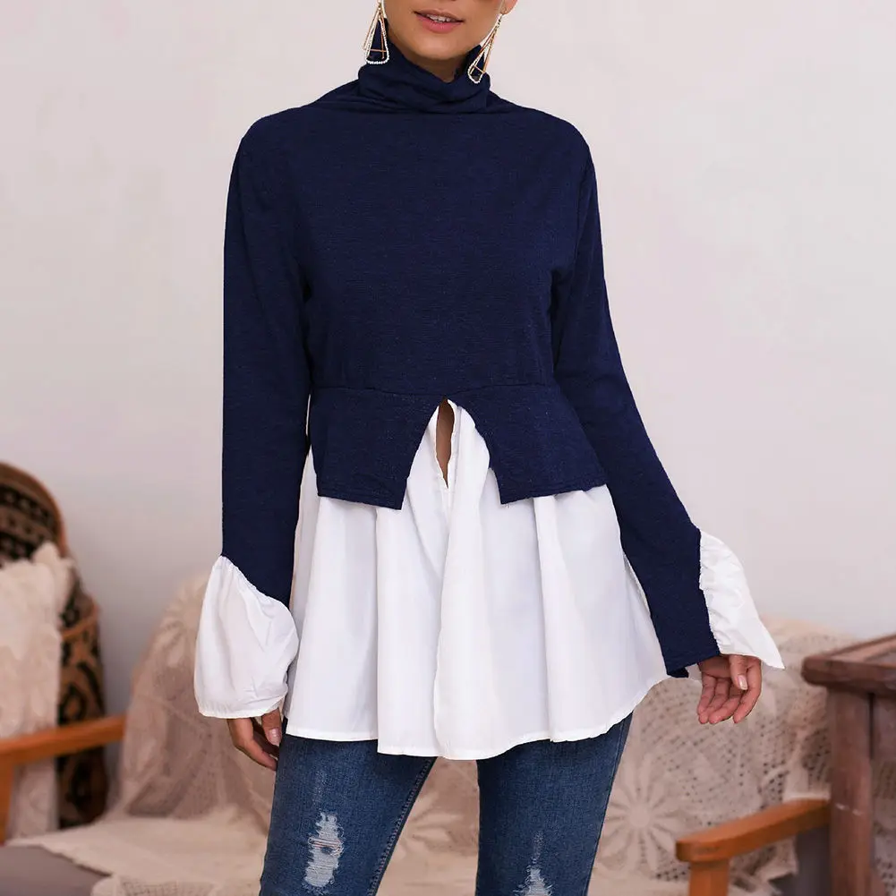 

Women Stitching Shirt Blouse Irregular Ruffled High Collar Long Sleeve Casual Tops BMF88