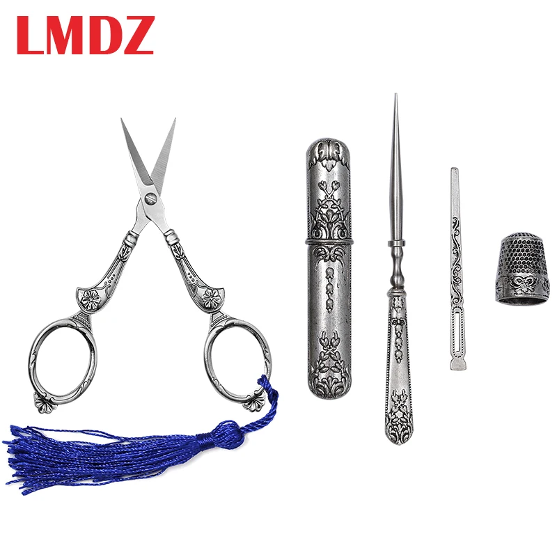 

LMDZ Retro Scissors Exquisite Vintage Scissor Needle Storage Tube Awl+Threader Thimble Embroidery Tailor Scissors Sewing Supplie