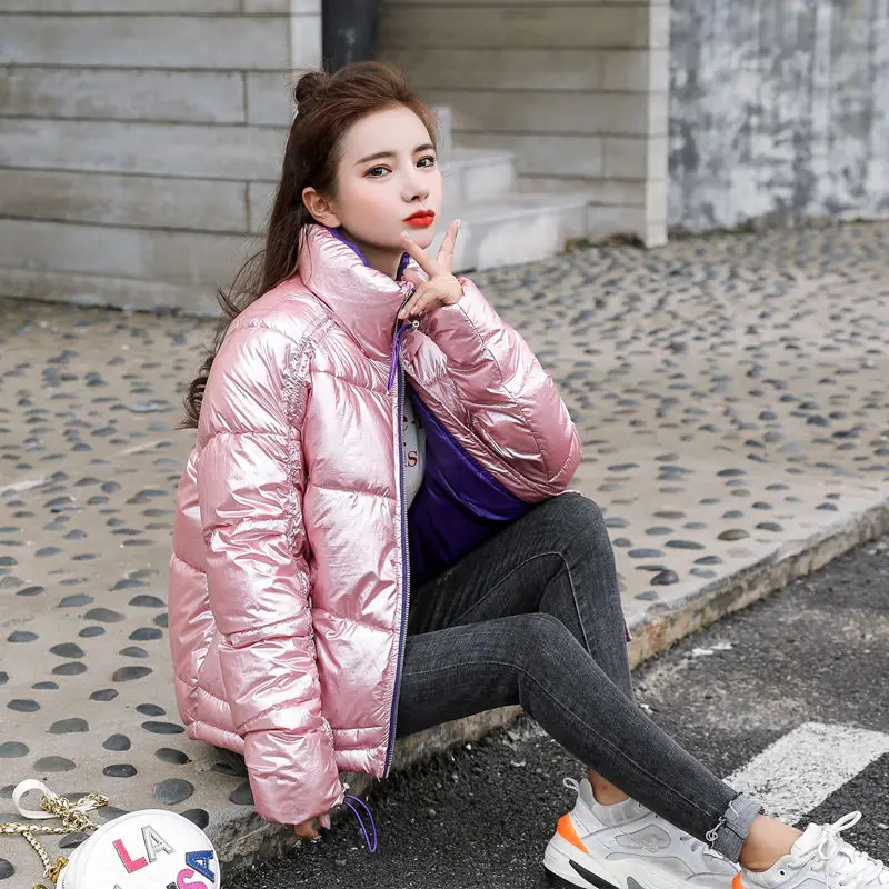Розовый Woherb/женское зимнее пальто Harajuku с голографическим блеском; стеганые куртки; женская теплая парка; куртка-пуховик; Abrigos Mujer Invierno - Цвет: Розовый