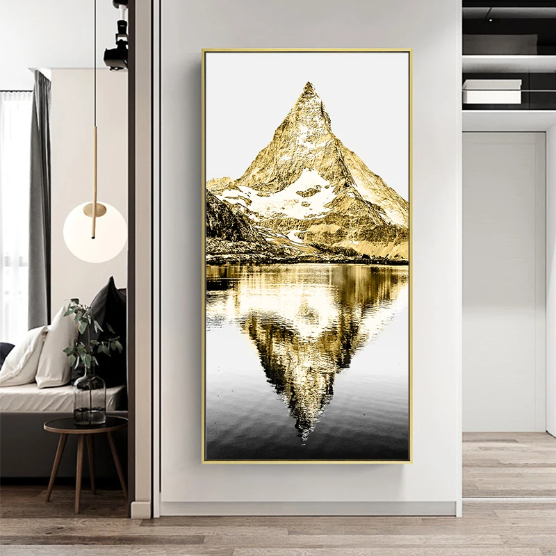 Современные абстрактные золотые горы отражение в воде холст картины плакаты и