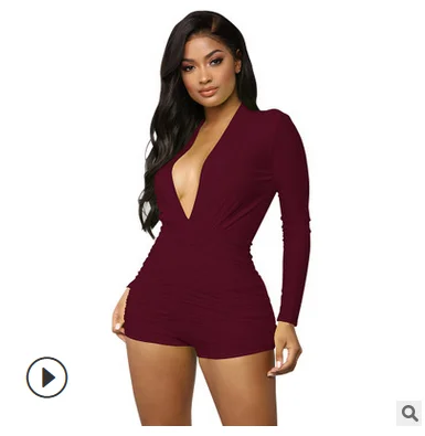 

2020 ladies spring and autumn pure color deep V mesh fold stitching nightclub jumpsuit pure color jumpsuit