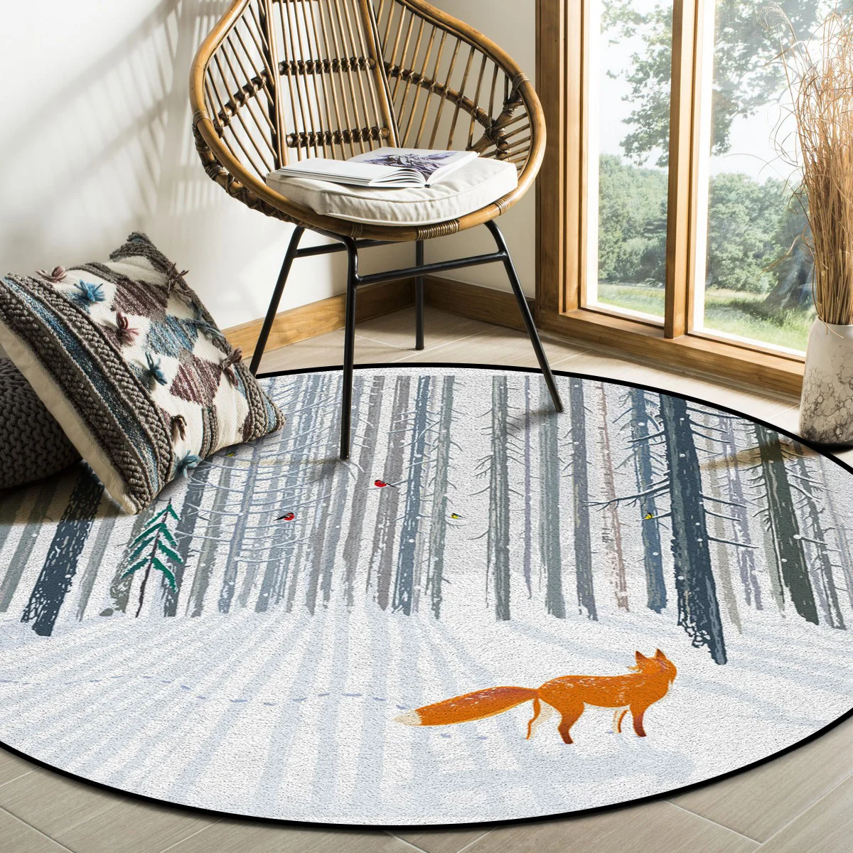 Большие круглые коврики с белым принтом животных птиц лисы лес для гостиной