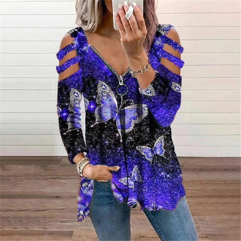 

2021 Summer New Women's Large-size Top V-neck Butterfly Print Zipper Long-sleeved T-shirt Top Women Fashion Graphic T Shirts