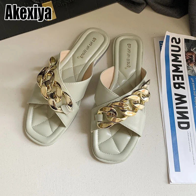 

Summer Design Chain Slipper Women Slip on Flat Slides Summer Sandals Beach Flip Flops Female Casual Shoes Woman BC3391