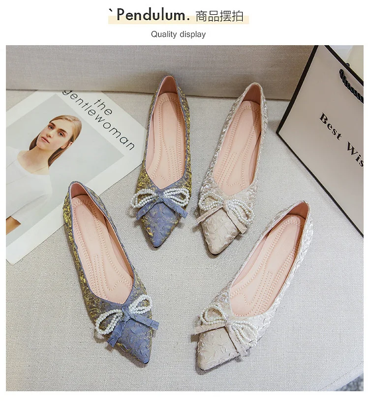 Size Big 41-43 Elegant Beads Bow-knot Ballet Flats Woman Satin Women Shoes Loafers Soft Bottom Moccasins Femme Hot