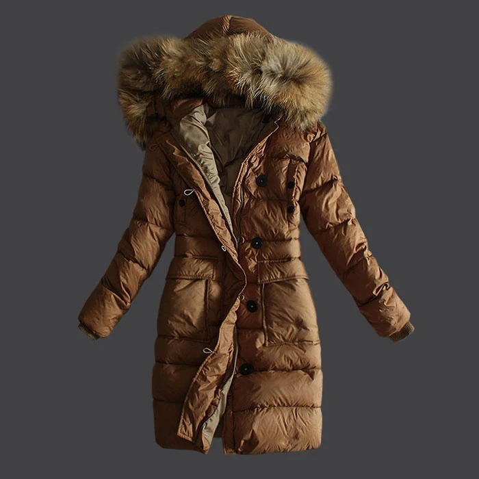 Хаки Брендовые женские пуховики длинные с меховым воротником с капюшоном гусиный пух парки Черный Коричневый Хаки Синий Женский пуховик - Цвет: Хаки