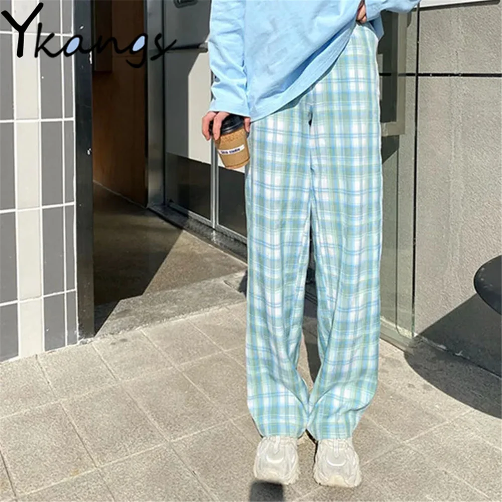 

Японский Стиль INS элегантное клетчатое Высокая талия эластичная одежда большого размера прямые брюки простота Харадзюку уличная одежда ле...