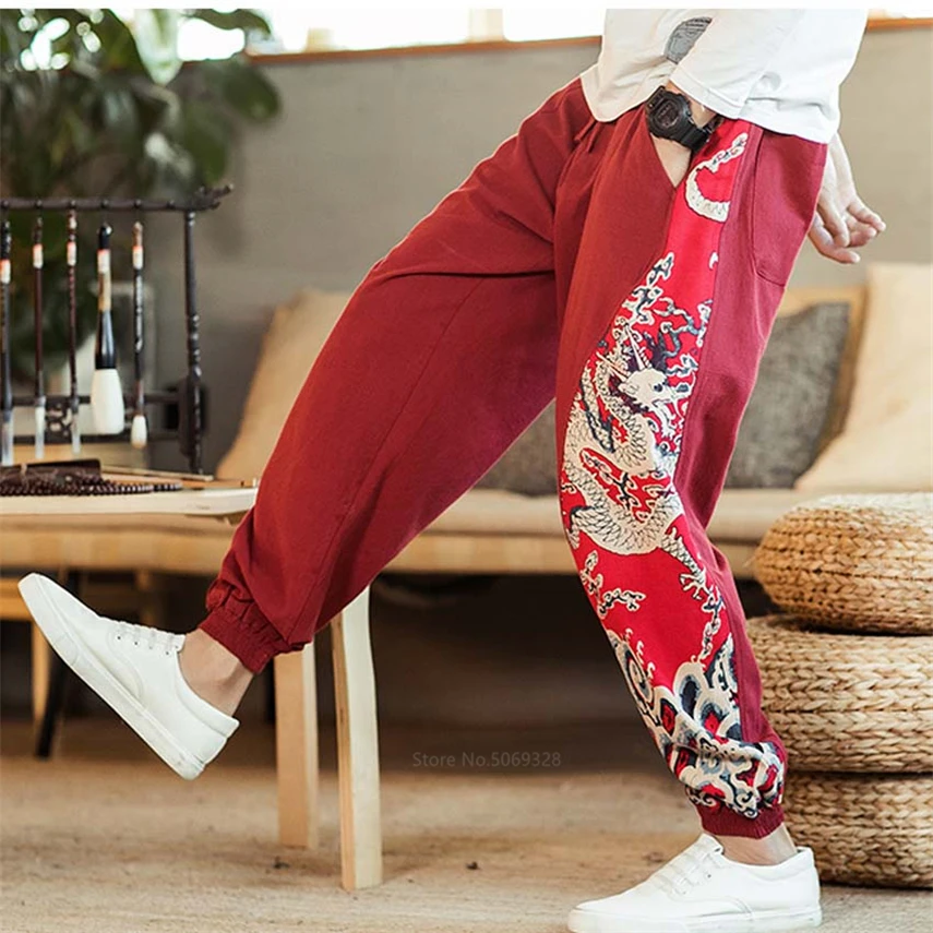 Мужские брюки в японском стиле Харадзюку Модные Винтажные султанки с драконом