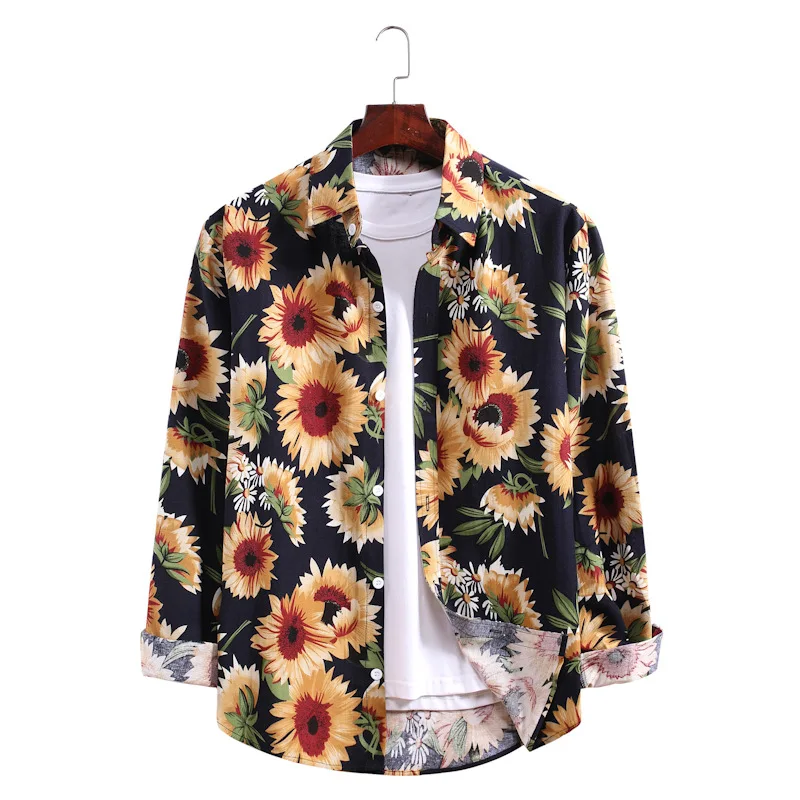 

Best Sale Plus Size 3XL Slim Fit Floral Printed Hawaiian Long Sleeve Shirt Men
