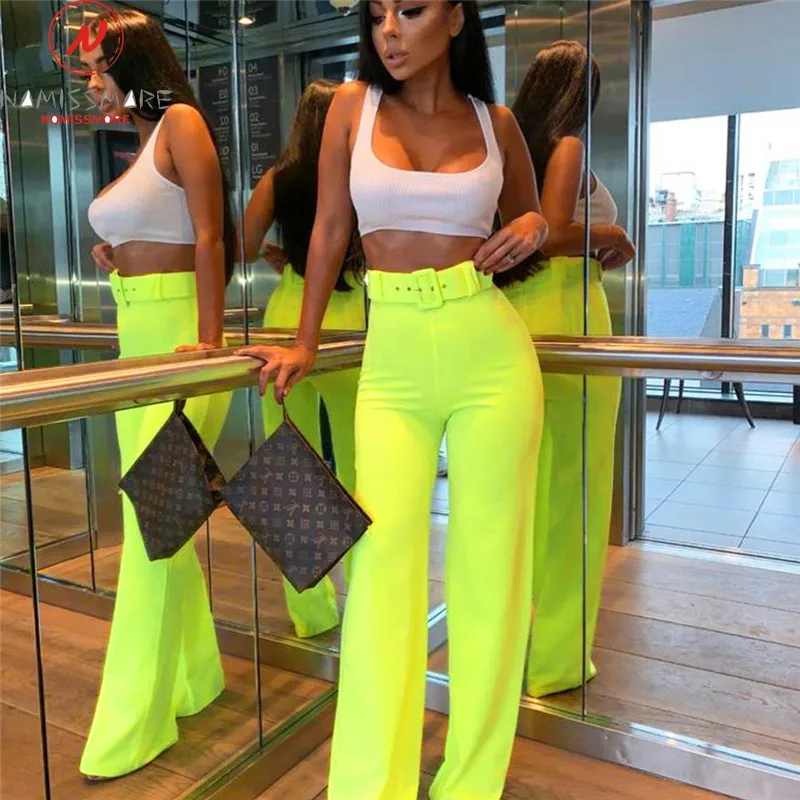 Женские брюки с поясом для улицы однотонные прямые со средней талией модные