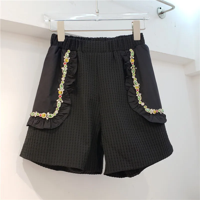 

Casual Fashion Women Colorful Diamond High Waist Ruffles Pocket Black Shorts 2021 Summer Lady's All-matching Shorts
