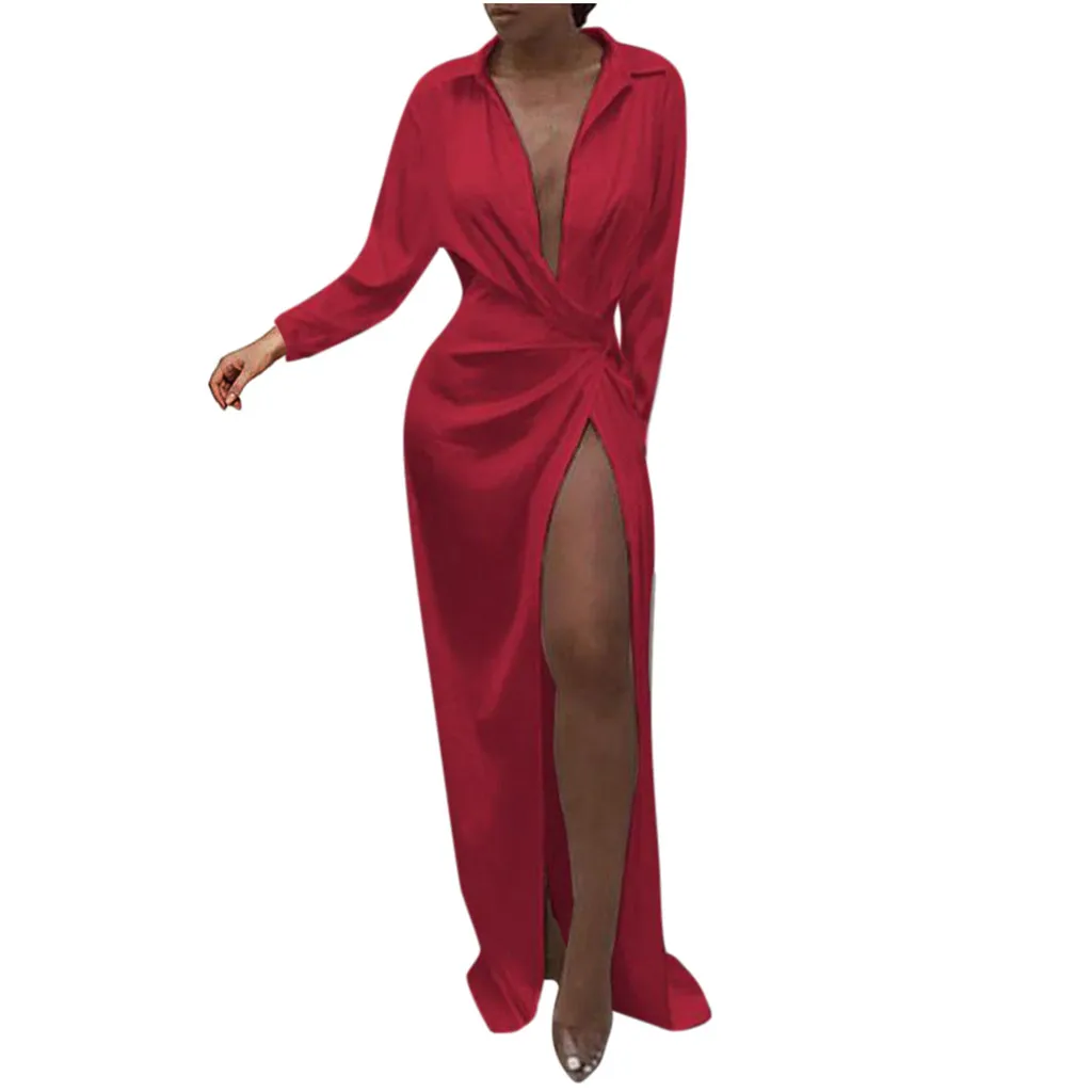 Женское сексуальное тонкое платье сплошной цвет глубокий v-образный вырез с