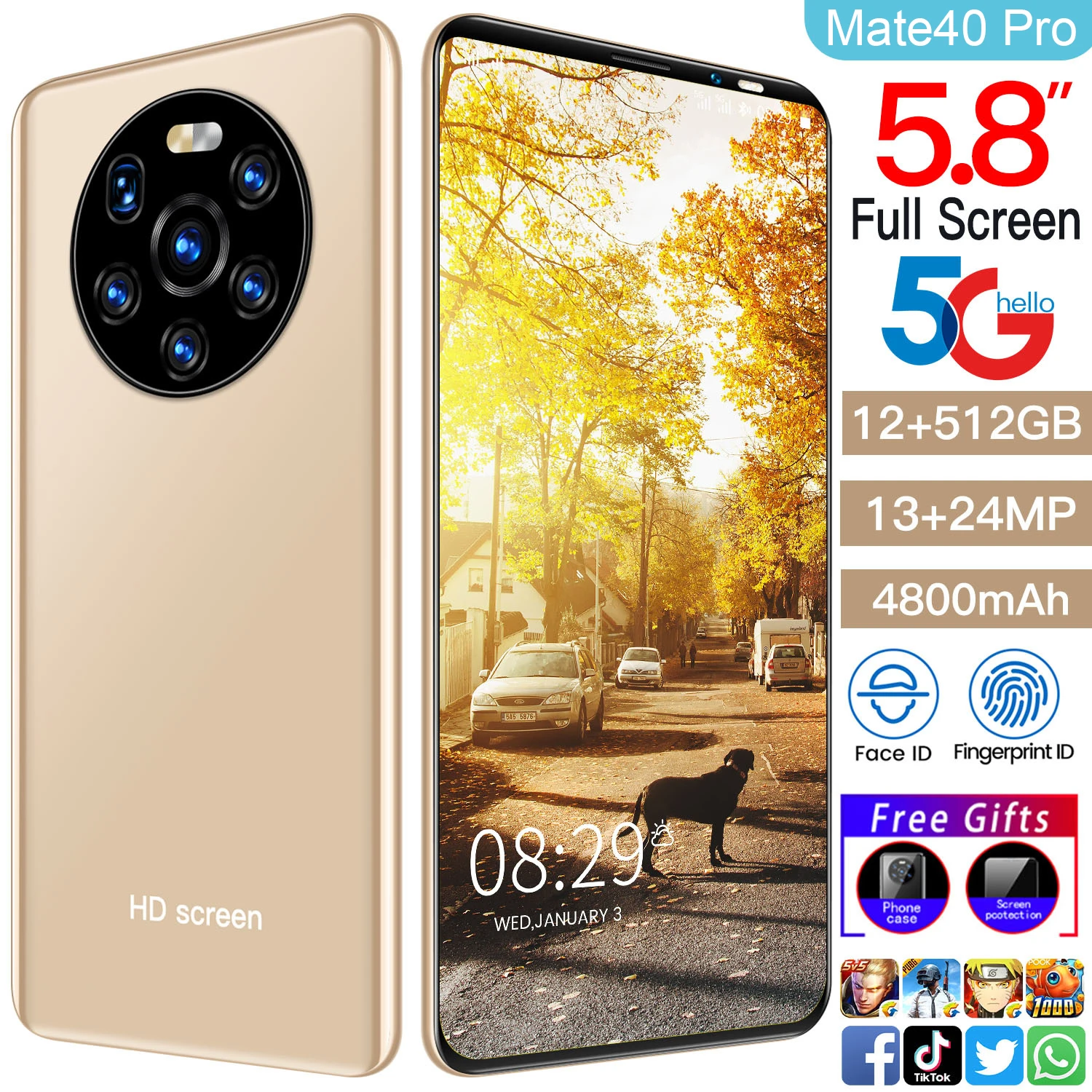 

Global Version Mate40 Pro 12+512GB Smartphone HD Full Screen 5.8" Android 10 4800mAh 13+24MP Support FaceID 5G Network Cellphone