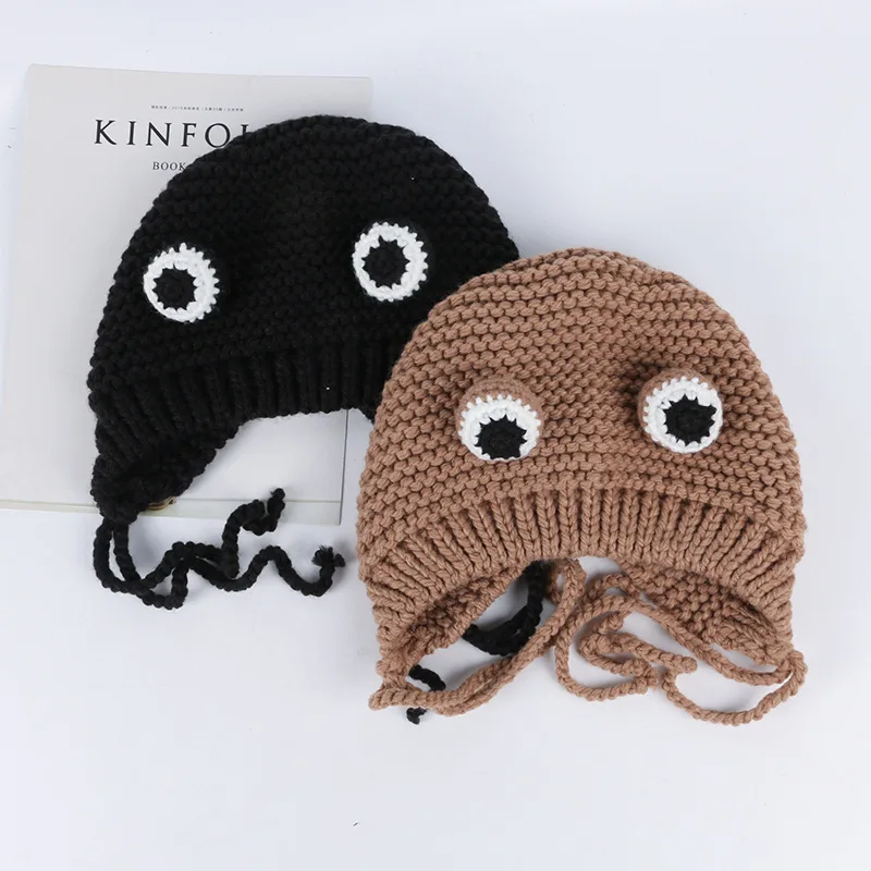 Новинка милая шапка с большими глазами зимние шапки для женщин вязаный толстый