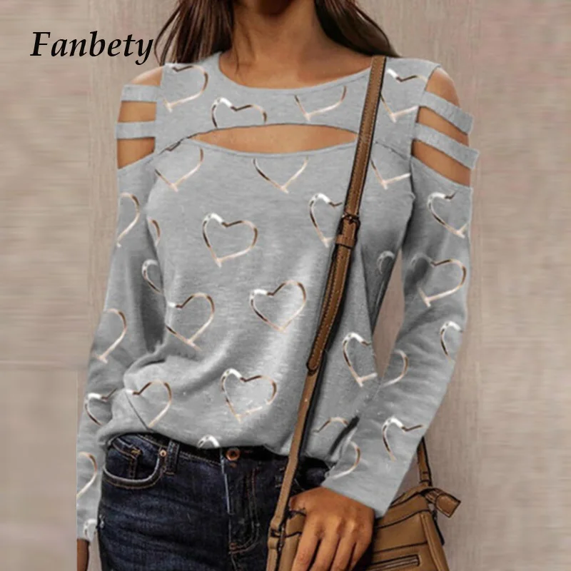

2021 Fashion Heart Print Sexy Hollow Out Long Sleeve Tops Women Shirts Spring Elegant Cut Off O-Neck Blouse Casual Ladies Blusa