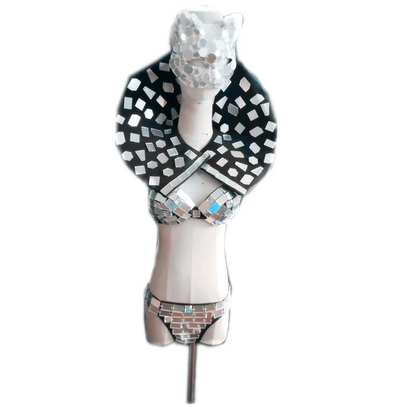 

Women Bar Club Party Mirror Dance Costume Silver Mirrors Sequins Bikini Shawl Mask Stage Outfit Nightclub DS Performance Clothes