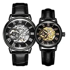 Модные автоматические механические парные часы-скелетоны, черный кожаный ремешок, роскошные брендовые наручные часы унисекс, подарки для пар