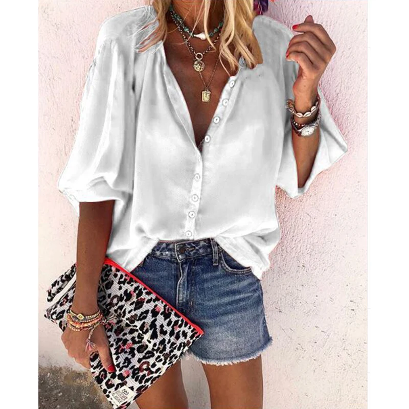 

Spring Autumn Women Tops V Neck Middle Sleeve Solid Color Buttoned Loose Casual Blouse for Party Travel Vacation NYZ S