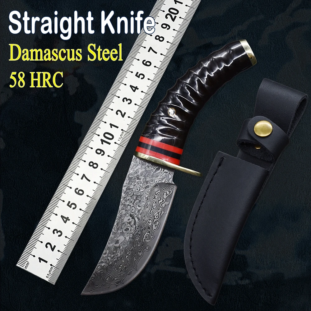 

Hunting Survival Damascus Steel High Hardness Straight Knife Fixed Blade EDC Outdoor Tactical Camp Kitchen Slicing Leather Case