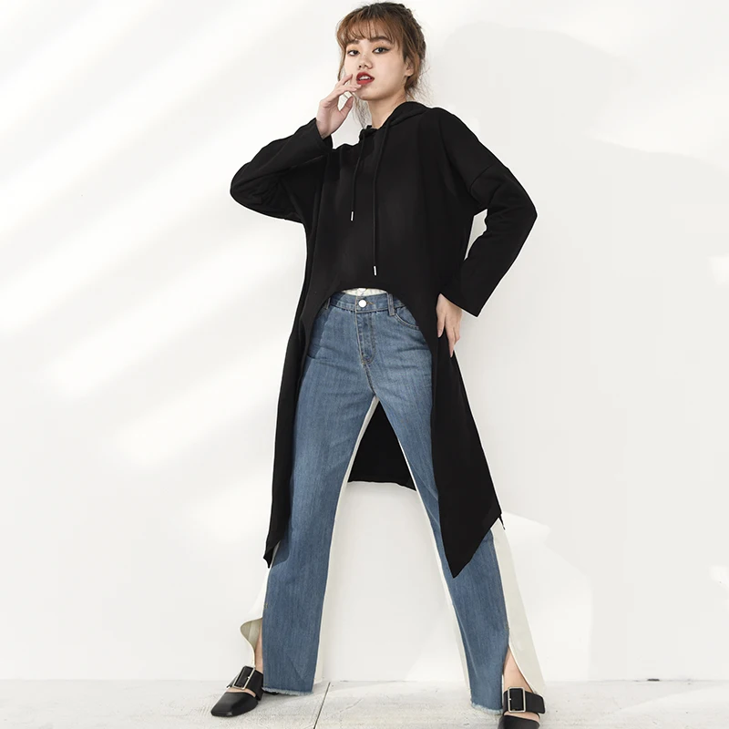 

[EAM] Loose Fit Black Back Long Oversized Sweatshirt New Hooded Long Sleeve Women Big Size Fashion Spring Autumn 2021 1DC35601