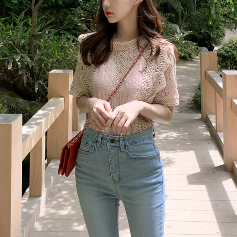 Женская кружевная блузка с коротким рукавом B0336 цвет черный белый розовый