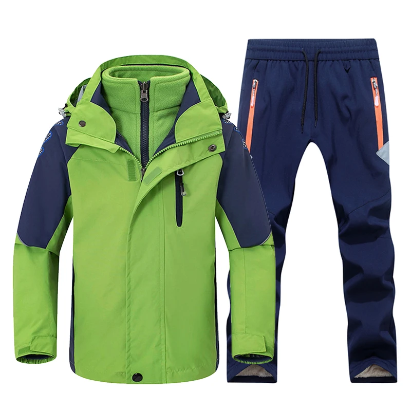 green navy TRVLWEGO/детский походный костюм, детская Водонепроницаемая теплая походная куртка и штаны для мальчиков и девочек, зимняя Лыжная и туристическая одежда - Цвет: green navy