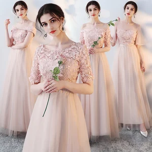 Bridesmaids Dresses Illusion O-Neck Appliques Embroidery Pearls Lace Tulle Off The Shoulder A-Line Women Wedding Party Gown E087 Bridesmaids Dresses Illusion O-Neck Appliques Embroidery Pearls Lace Tulle Off The Shoulder A-Line Women Wedding Party Gown E087