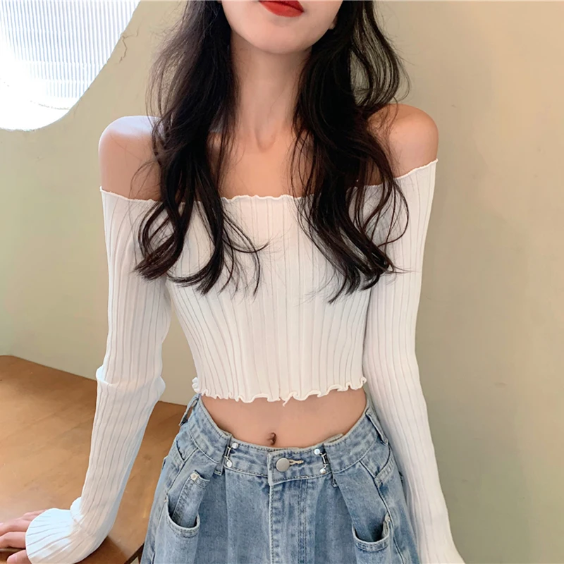 

Heliar Off shoulder Sweater Women Sexy Solid Pleated Crop Tops Small Size Highstreet 2021 Tops Sweaters For Women