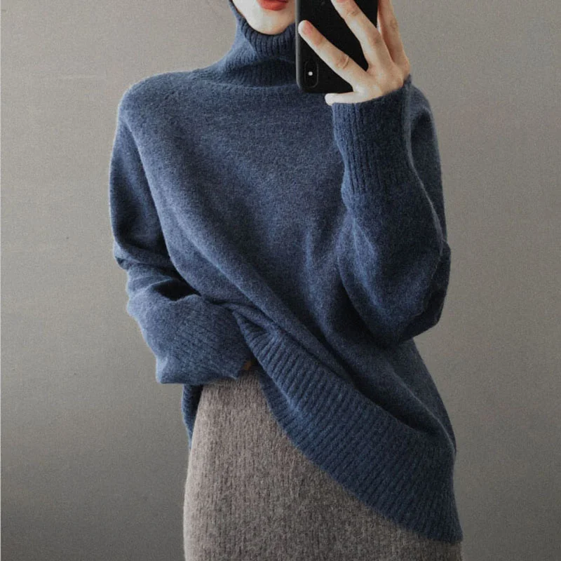 

Кашемировый осенне-зимний плотный свитер, пуловер, Женский базовый шикарный Вязаный Свитер оверсайз с длинным рукавом и высоким воротником
