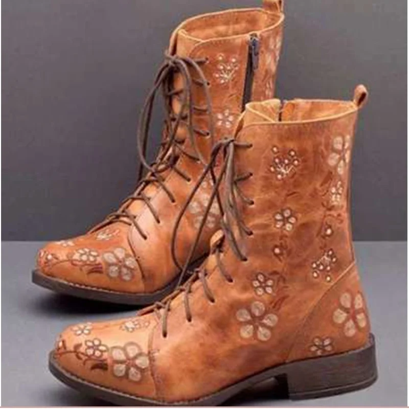 

Новые модные короткие ботинки, женская обувь, ботильоны, осенне-зимние ботинки с цветами, женская обувь из искусственной кожи на шнуровке, ж...