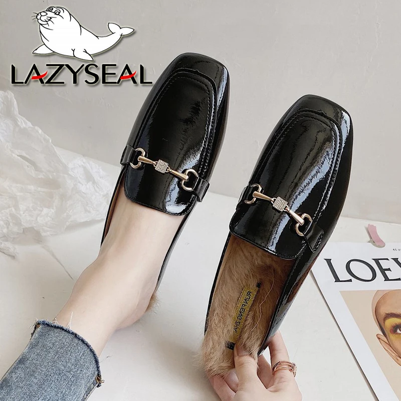 

LazySeal 2020 зимний теплый натуральный мех норки волосы с открытыми пальцами; Женские мюли; Новые кристаллы металлические пряжки пушистые тапоч...