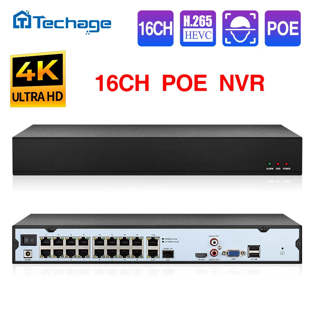 Видеорегистратор Techage H.265, 16 каналов, 4K, 5 Мп, 3 Мп, 2 МП, 1080P, POE, NVR с функцией распознавания лица, с удаленным доступом, для фотоаппарата, P2P - изображение