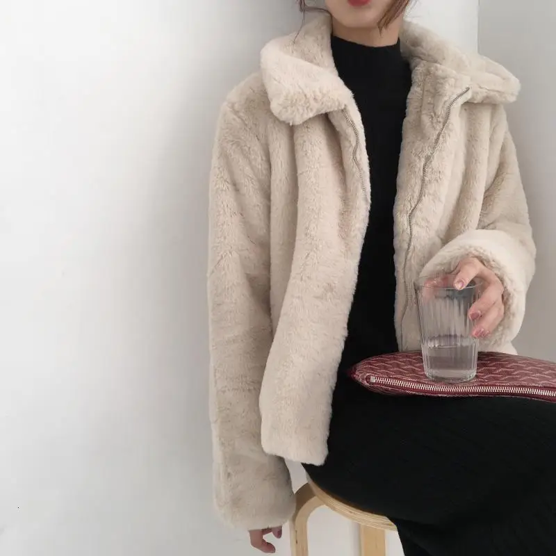Женское теплое плюшевое пальто из кроличьего меха, Осень-зима, Корейская тонкая пушистая короткая куртка, Повседневная плотная верхняя одежда