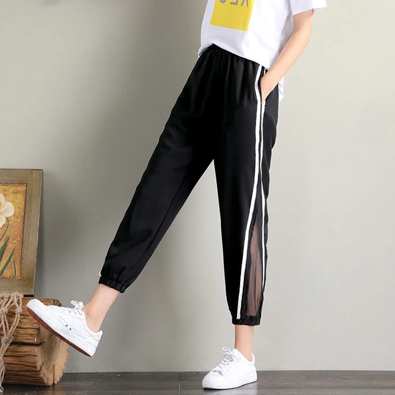 Plus Size 4xl Ankle Length Pants Joggers Women Lace Spliced Harem Solid Black Harajuku Streetwear Elastic High Waist | Женская одежда