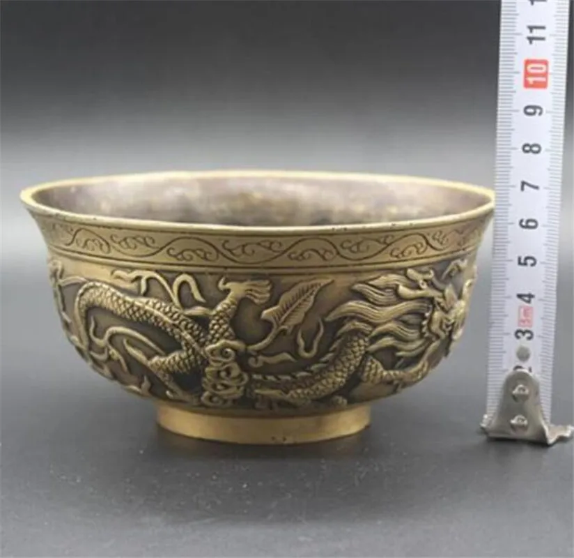 Big 13.5cm Copper Statue Exquisite Chinese Old Brass Hand-Carved Zodiac Animal Dragons Bowl Craft | Дом и сад