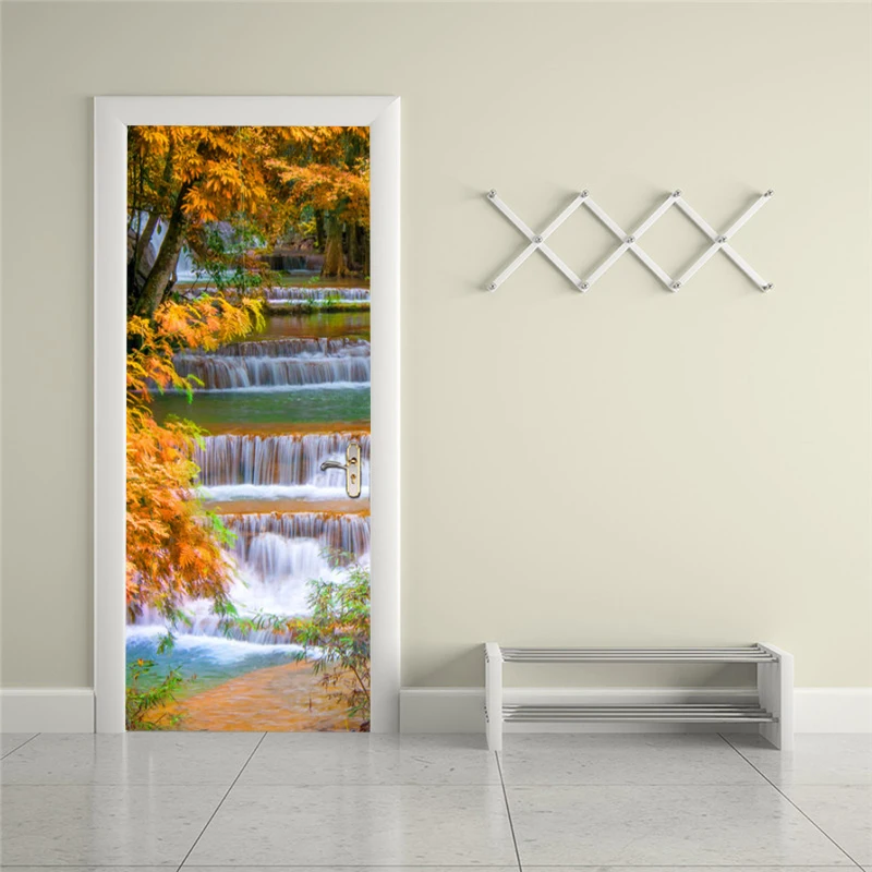 

Self-adhesive landscape waterfall art door sticker home decoration door cover wall sticker mural porch wallpaper poster