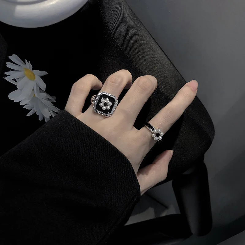 

Korean fashion vintage statement adjustable ring set jewelry for women cute flower pearl ring bague cheap stuff dropshipping