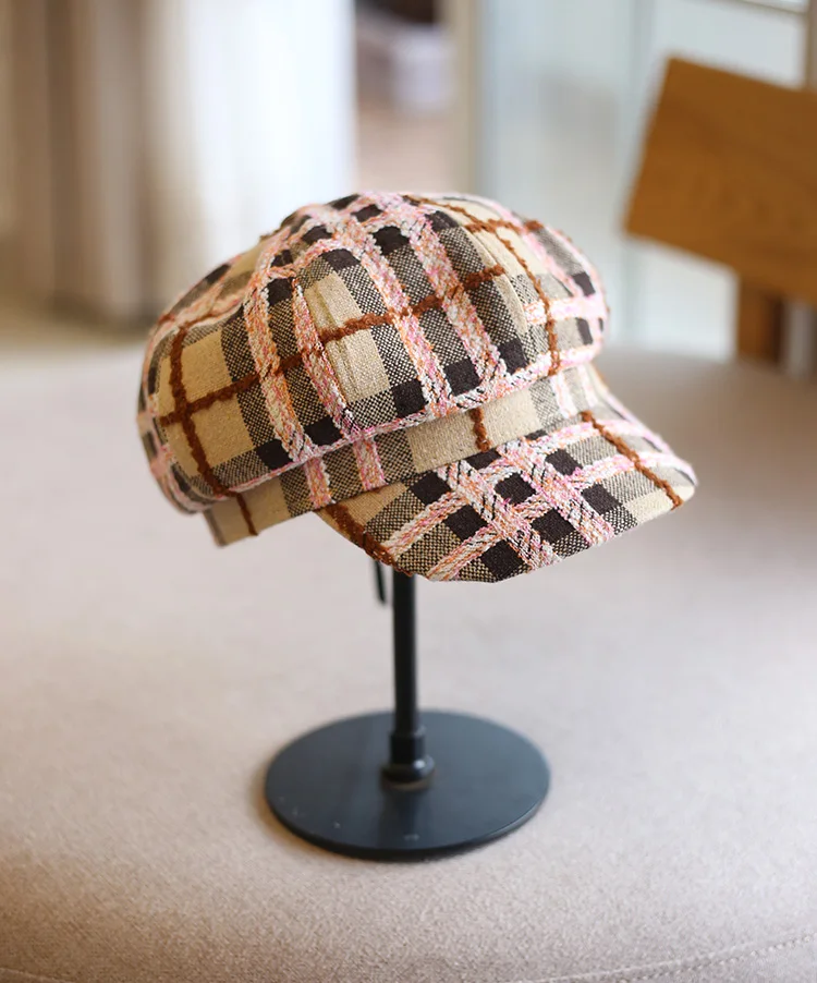 

Vintage Plaid Pattern Women Pillbox Beret Cap Japanese Style Cotton Octagonal Hat.Girls Autumn Winter Cute Street Casquette Cap