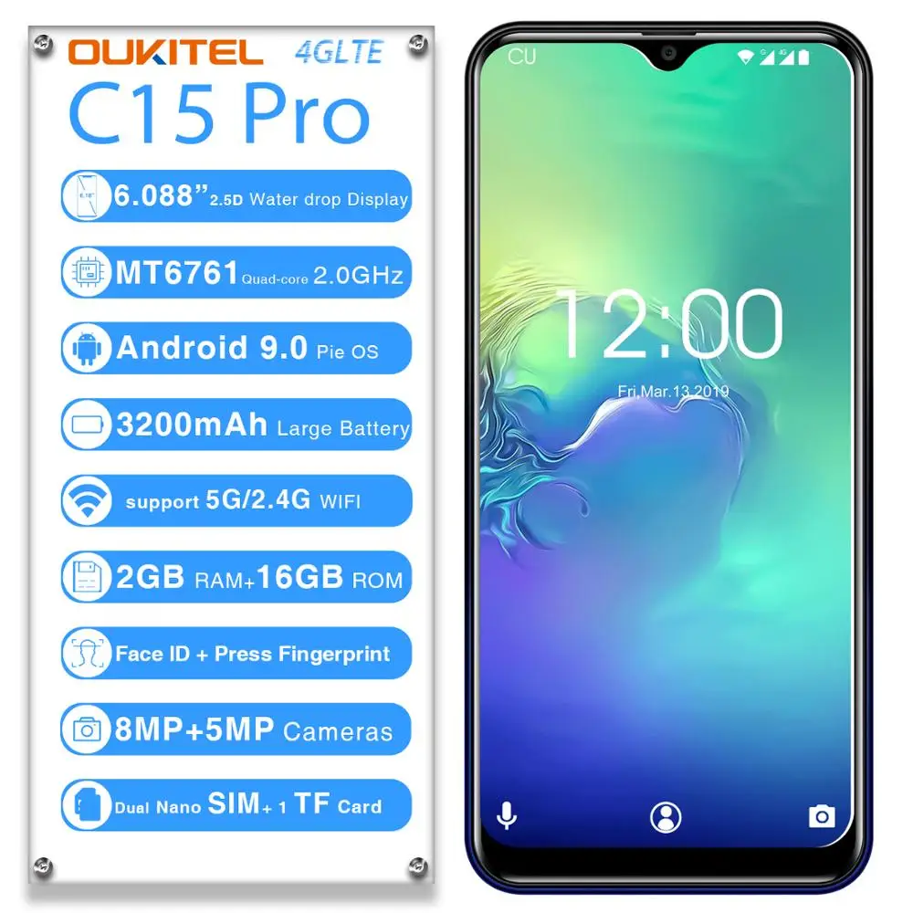 Смартфон OUKITEL C15 Pro 4G Phablet 6 088 дюймов Android 9 0 Pie MT6761 четырехъядерный 2 ГГц IMG GE8300 Гб ram 16