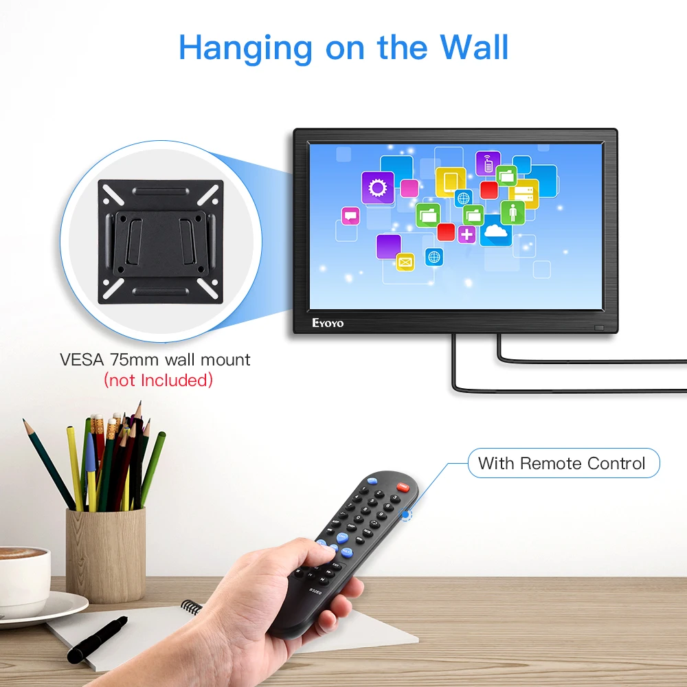 Eyoyo EM12D 12&quot IPS PC TV Monitor LCD Screen HD 1366x768 with HDMI BNC VGA AV USB For Computer Raspberry CCTV Security Display |