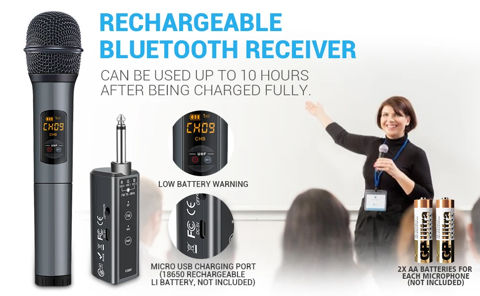 Bluetooth Беспроводная микрофонная система с портативным перезаряжаемым приемником 1/" выход 10 каналов УВЧ микрофоны беспроводной микрофон