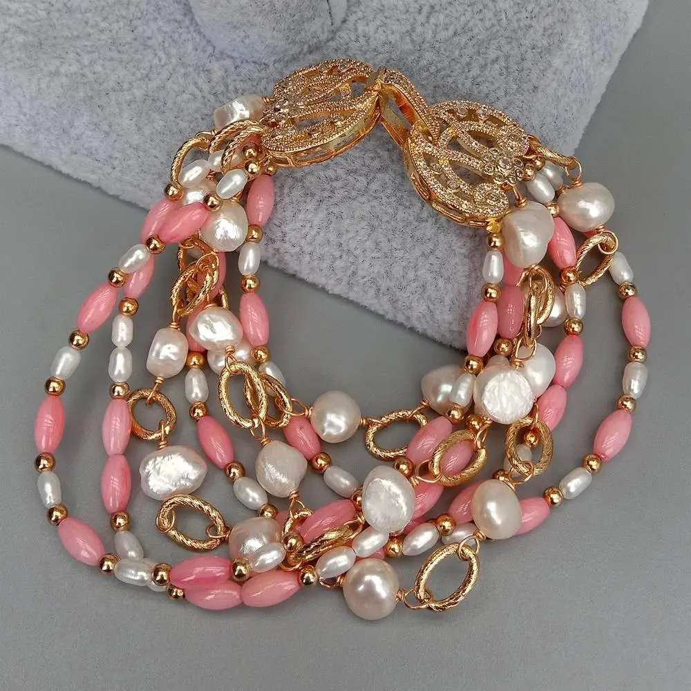 Y · YING 7 нитей Выращенный белый барочный пресноводный жемчуг розовый рисовый