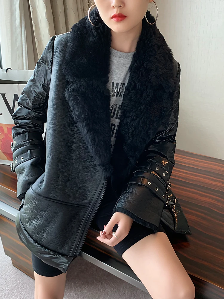 100% Натуральная овечья кожа пальто женский зимний большой меховой воротник