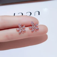 2021 new design high quality 14k real gold simple temperament maple leaf stud earrings for women cubic zircon zc earrings