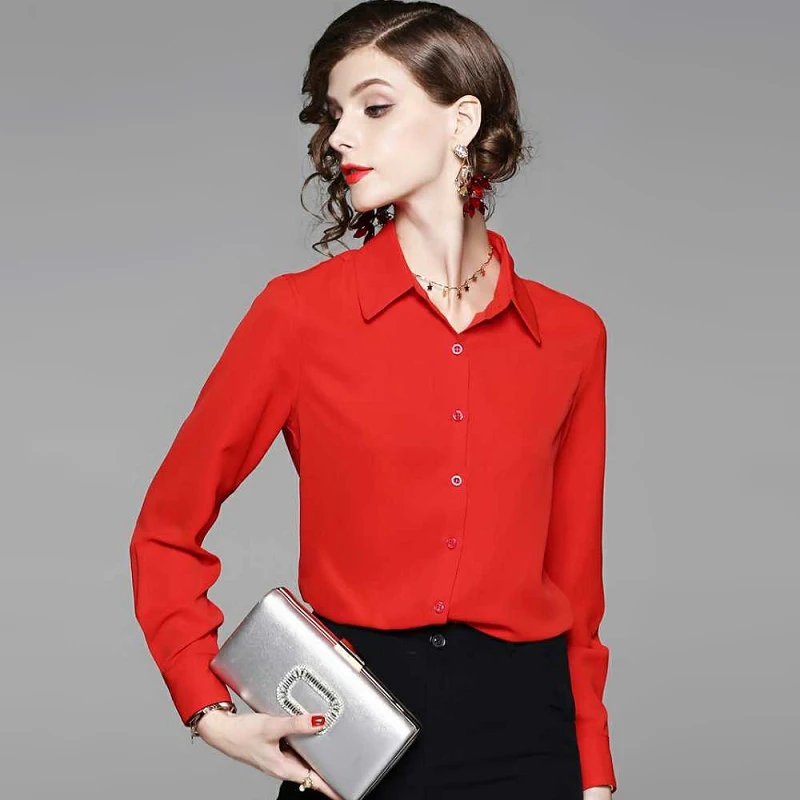 

Women Spring Summer Autumn Winter Vintage Formal Plain Red Blouse Shirt Work Wear Girl England Preppy Style Basic Blouses Shirts