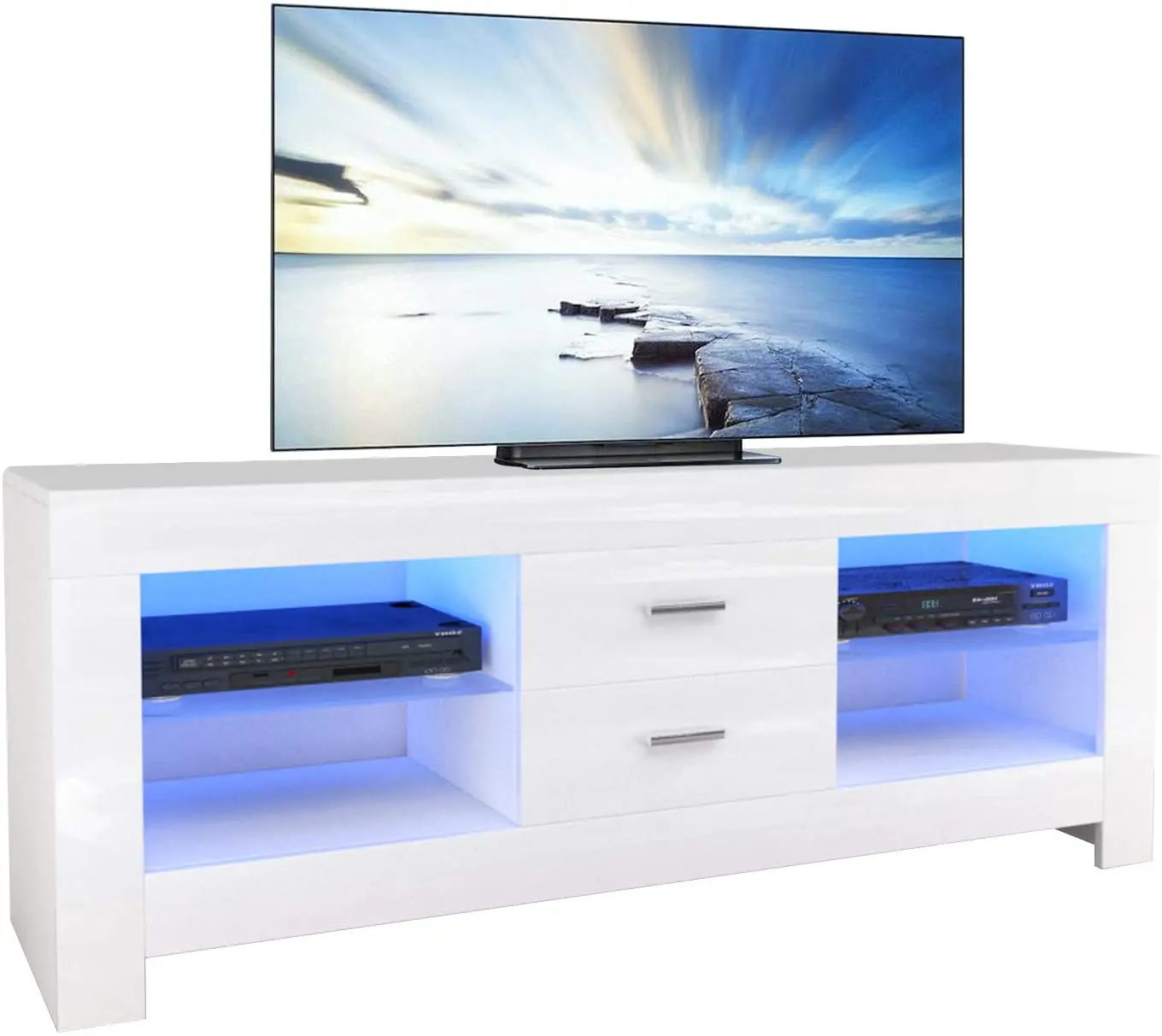 

Home Fashion High Gloss White TV Stand Cabinet Storage Rack With 4 Open Shelves 2 Drawers LED Lighting Easy Assembly Living Room