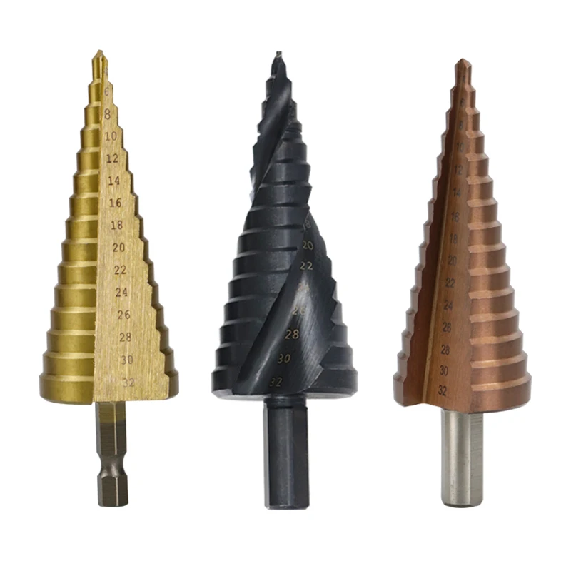 

M35 Cobalt Step Drill Bits 4-12/4-20/4-32mm High Speed Steel Spiral Groove Triangle Shank HSS Titanium Coated Pagoda Drill Set