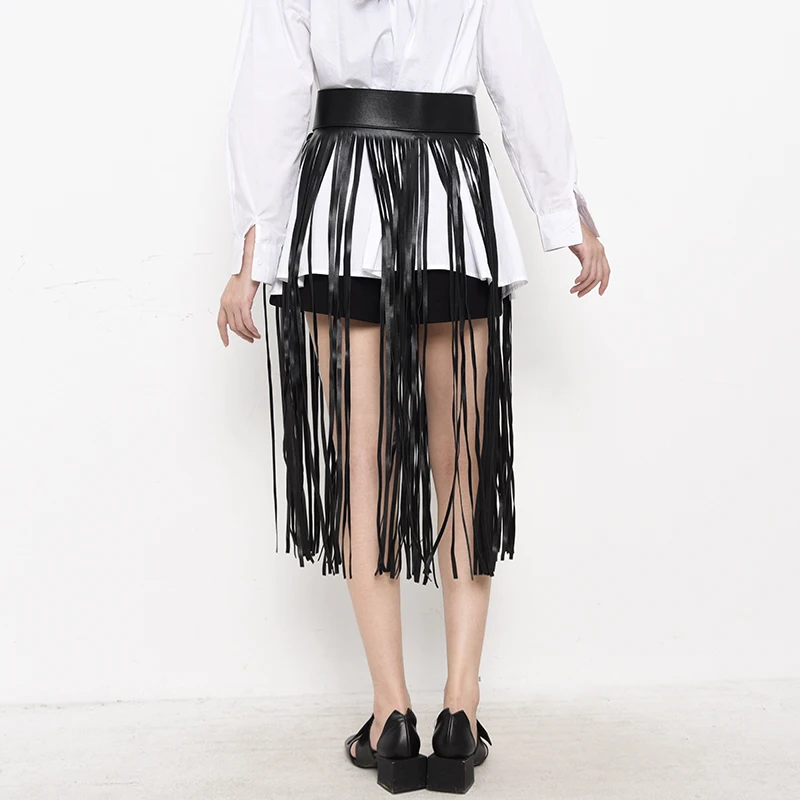 

Black Pu Leather Tassels Split Joint Long Belt Personality Women New Fashion Tide All-match Spring Autumn 2021 JX38601