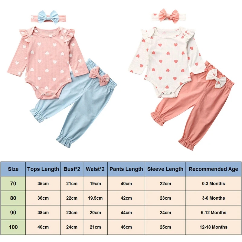 Lovely 3PCS Newborn Baby Girls Clothes 0-18M Infant Heart Print T shirt Tops Bodysuit Pants Headband Outfit Autumn Set Tracksuit | Детская