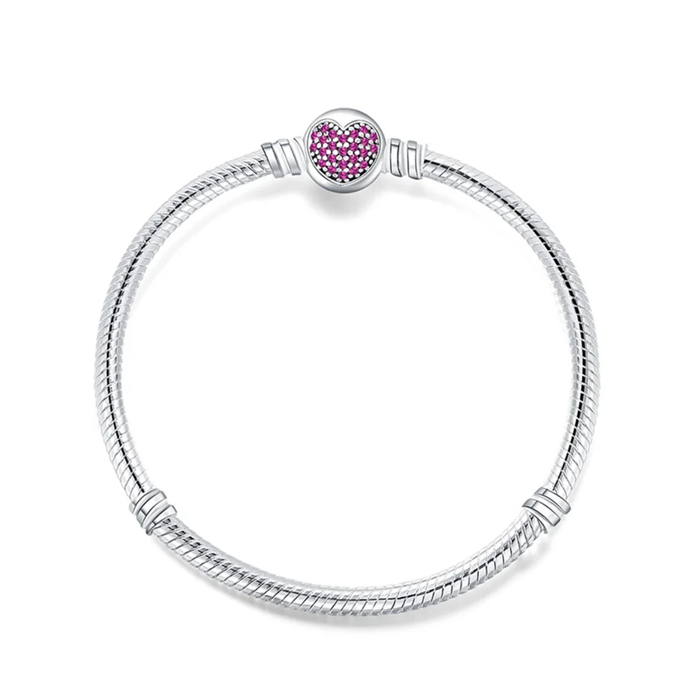 

925 Sterling Silver Bracelets Round Heart Square Buckle Snake Chain Bracelets Red Pink Blue Color Fit For Original Charm Bead